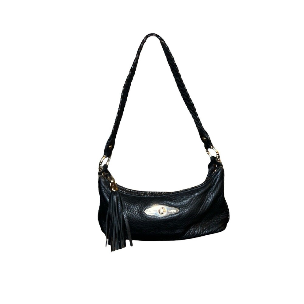 Elliott Lucca Black Pebbled Leather Braided Strap Tassel Baguette Bag PURSE EUC